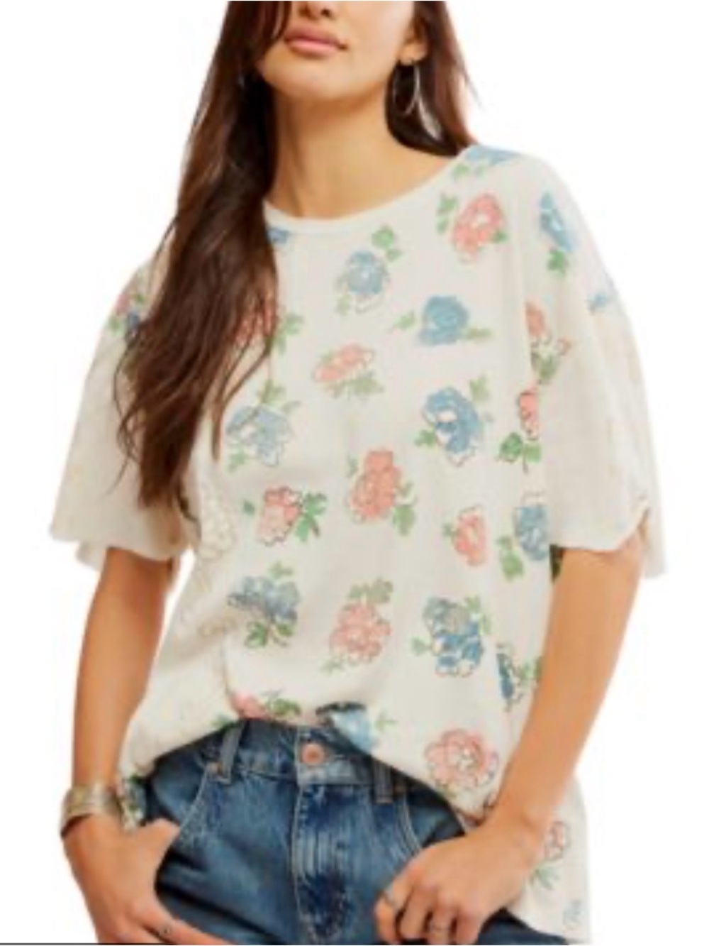 We The Free Floral Flutter Sleeve Top - White with Pink & Blue Flowers